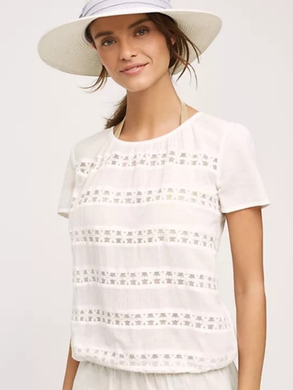 Anthropologie Whitesands White Short Sleeve Summer Blouse Top XS
